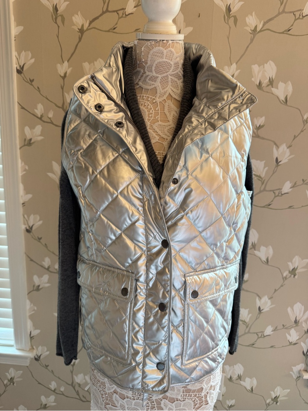 Talbots Quilted Metallic Silver Puffer Vest